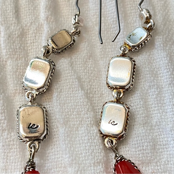 Liz Claiborne Silver Tone Simulated Red Stone Dangle Earings - Picture 7 of 9